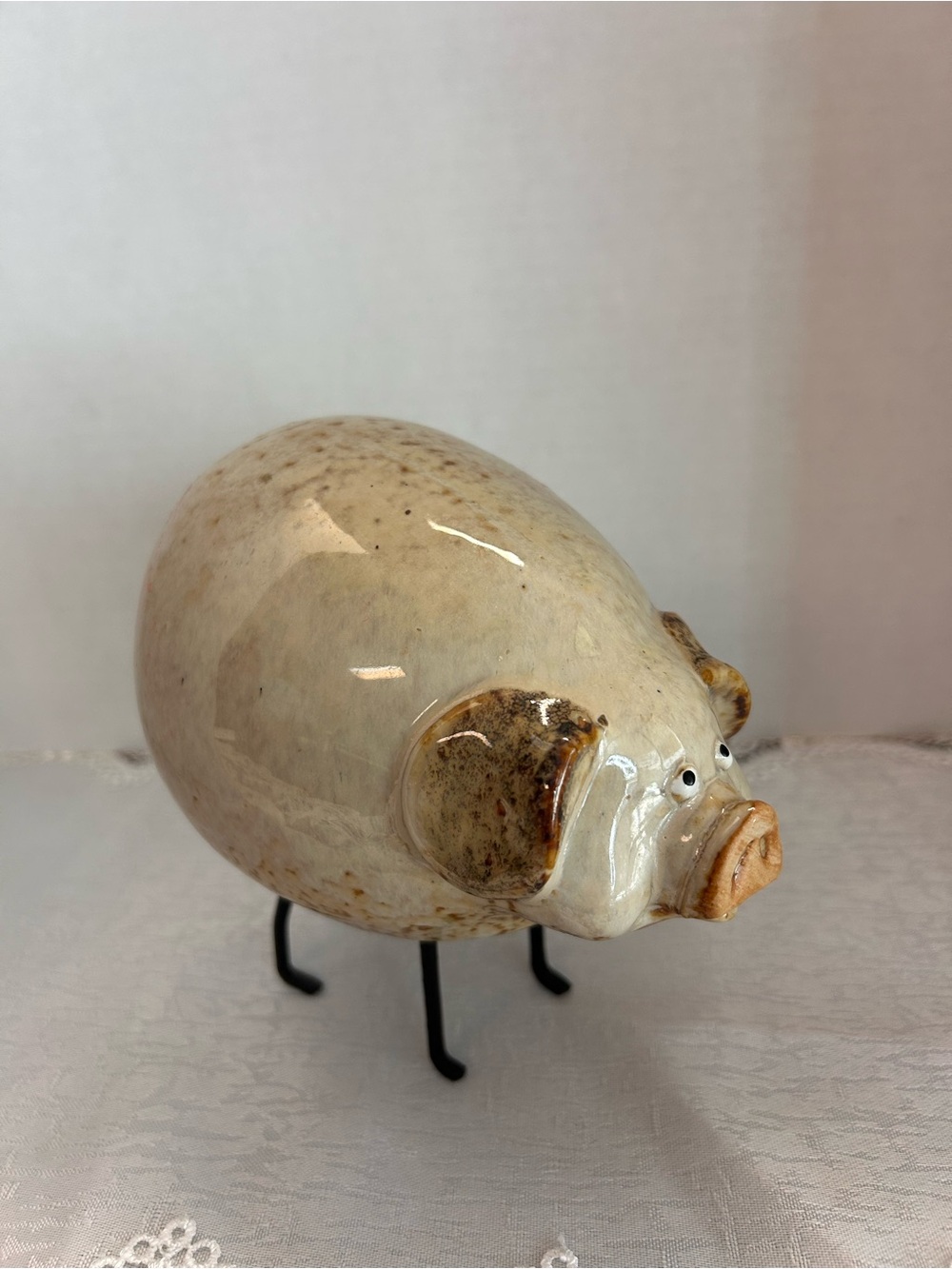 Vintage Studio Art Pottery Ceramic Pig Figurine Metal Legs Wire Tail 6.25"